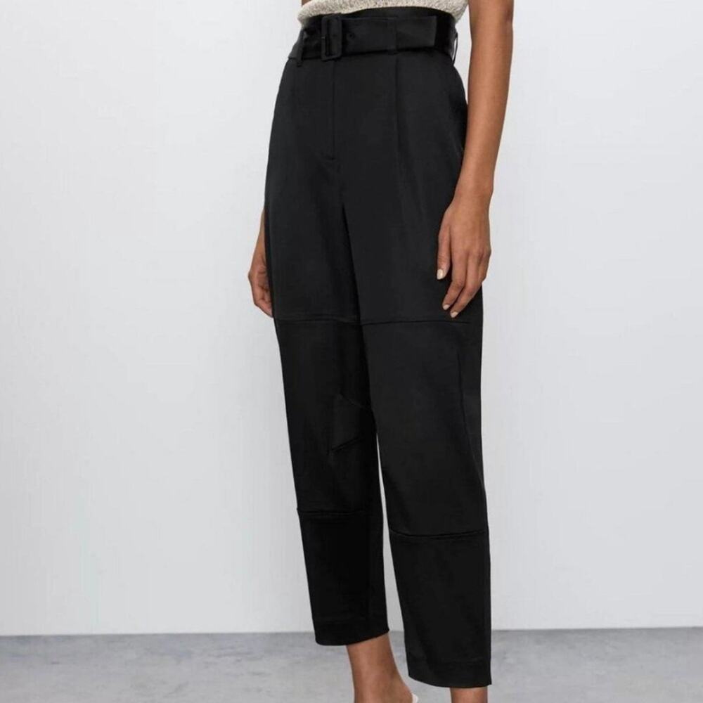 Aritzia Babaton Black Cropped Satin Belted Trouser Pants Size 6